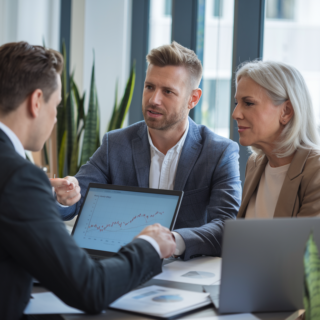 Un conseiller financier expliquant des plans de retraite à un couple.