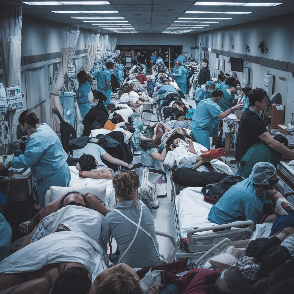 Salle d'urgence bondée avec des médecins et des patients.
