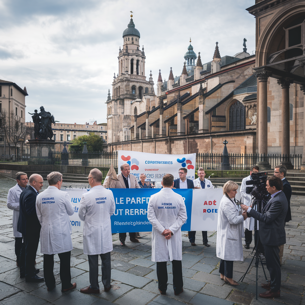 Médecins manifestant devant un monument européen célèbre.