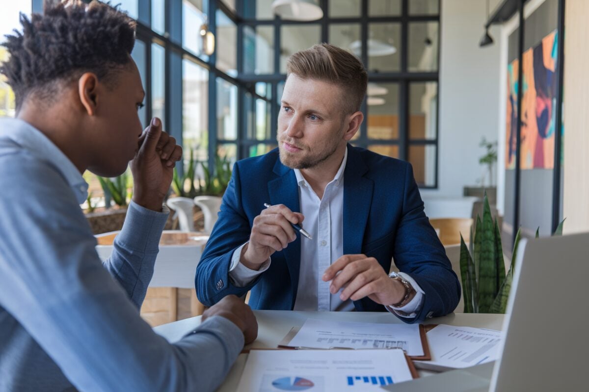 L'assurance vie en France : un pilier de l'épargne malgré les incertitudes économiques Un conseiller financier discutant d'options d'assurance avec un client.