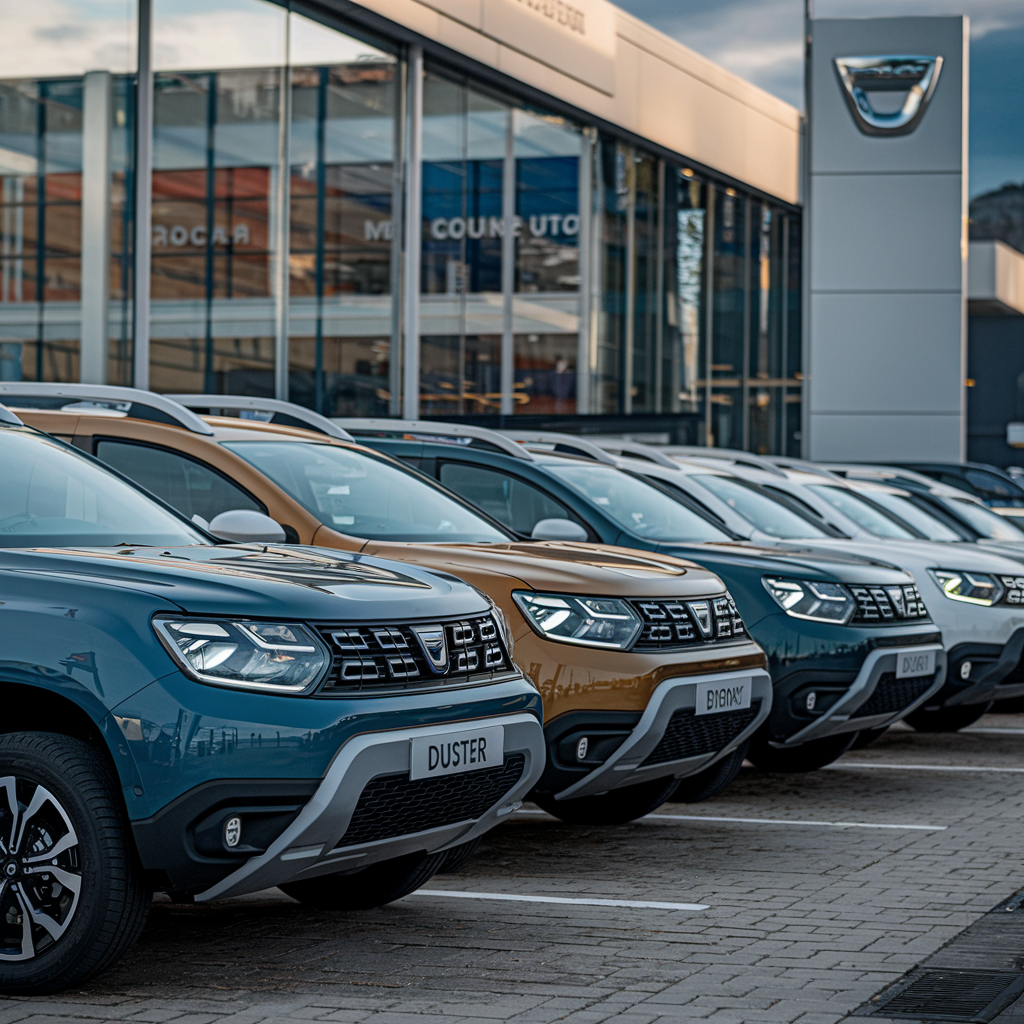 Concession Dacia avec des modèles Duster en stationnement.