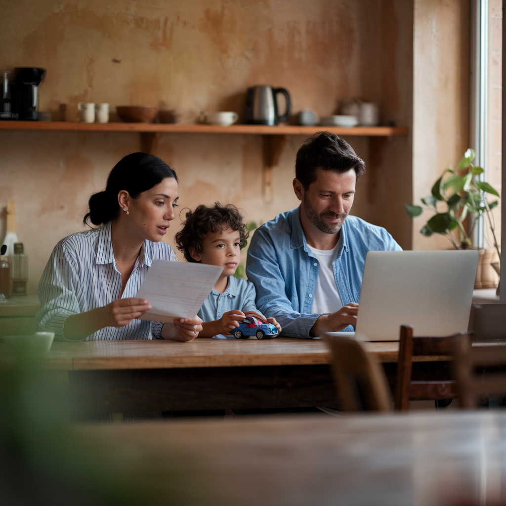 Famille planifiant son budget autour de la table avec un ordinateur portable.