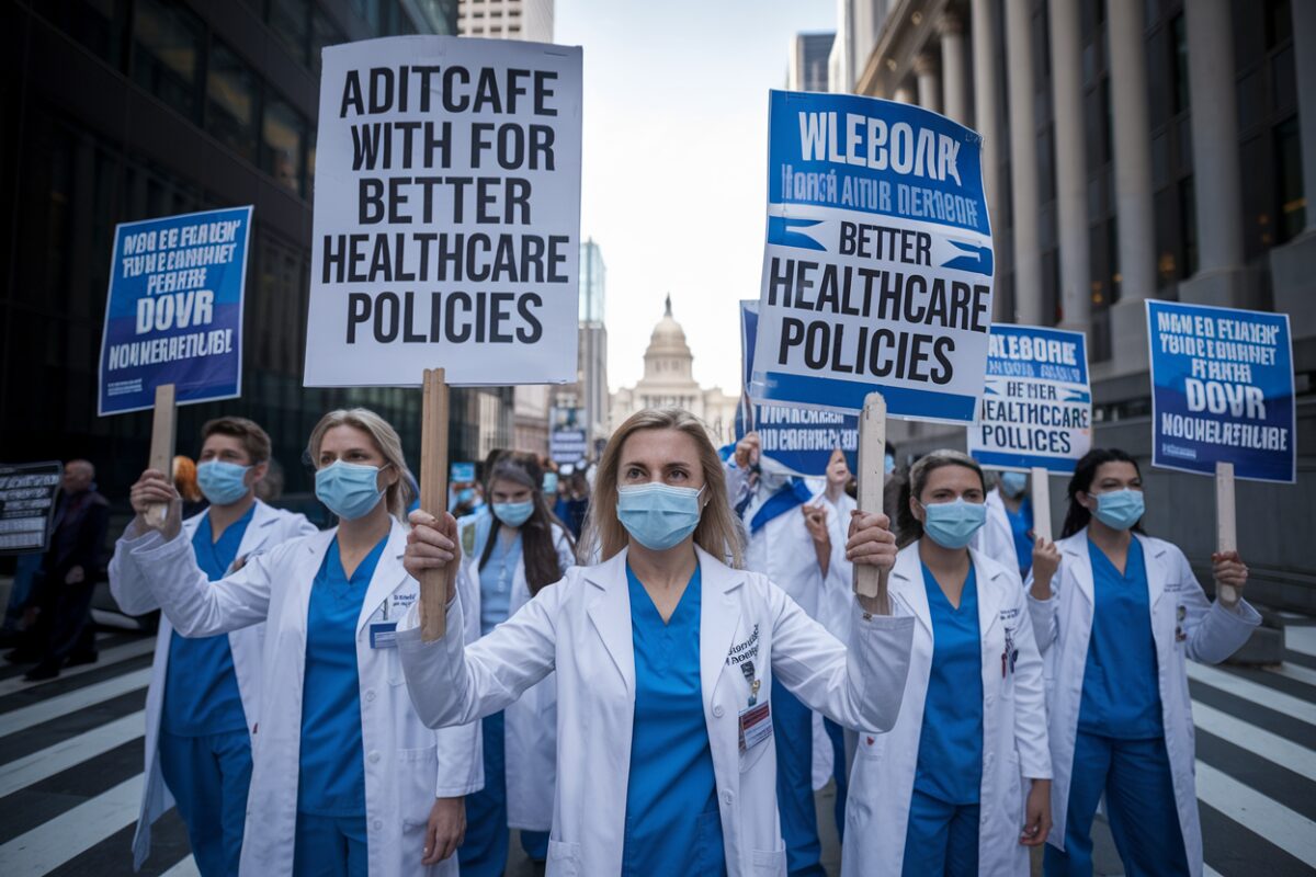 Grève des médecins libéraux : un appel urgent à l'écoute du gouvernement face à une crise grandissante Des médecins en blouse blanche manifestant devant un bâtiment gouvernemental.