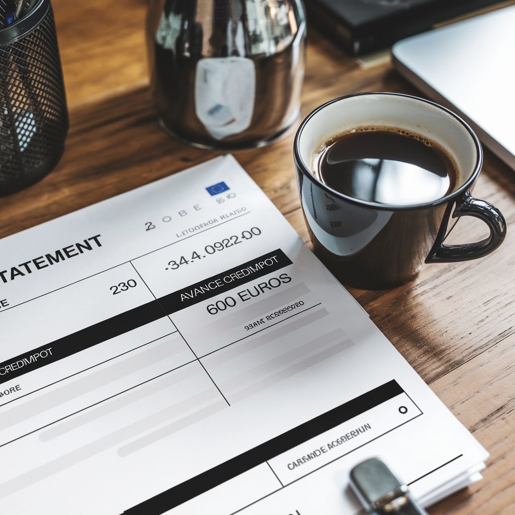 Relevé bancaire avec un virement intitulé 'AVANCE CREDIMPOT' de 600 euros.