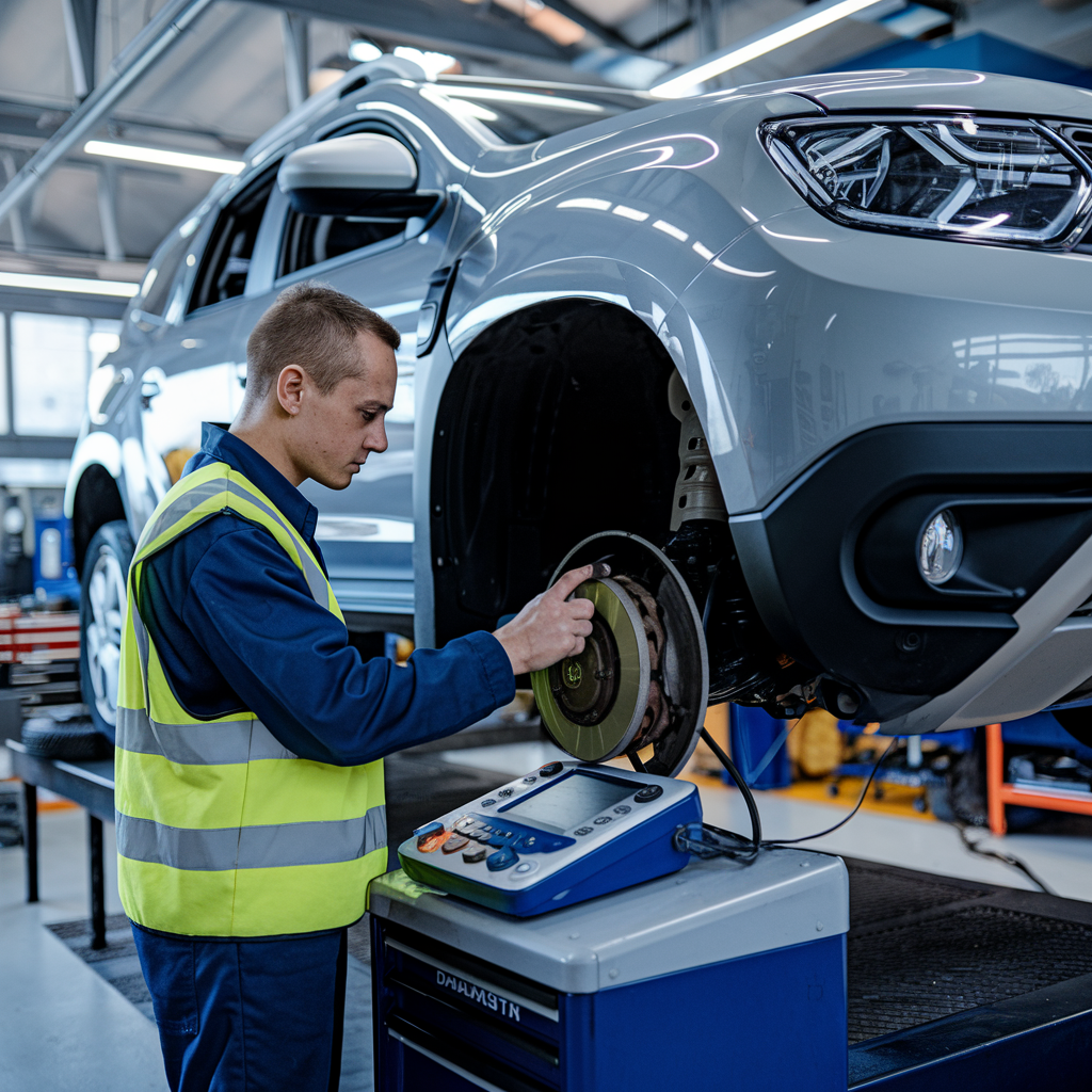 Mécanicien vérifiant le système de freinage d'un Dacia Duster.