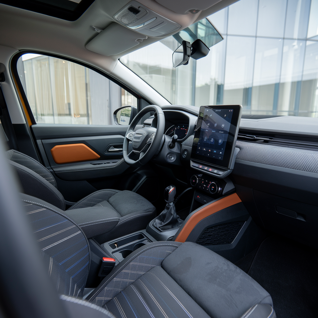 Intérieur du Dacia Spacer avec tableau de bord moderne.