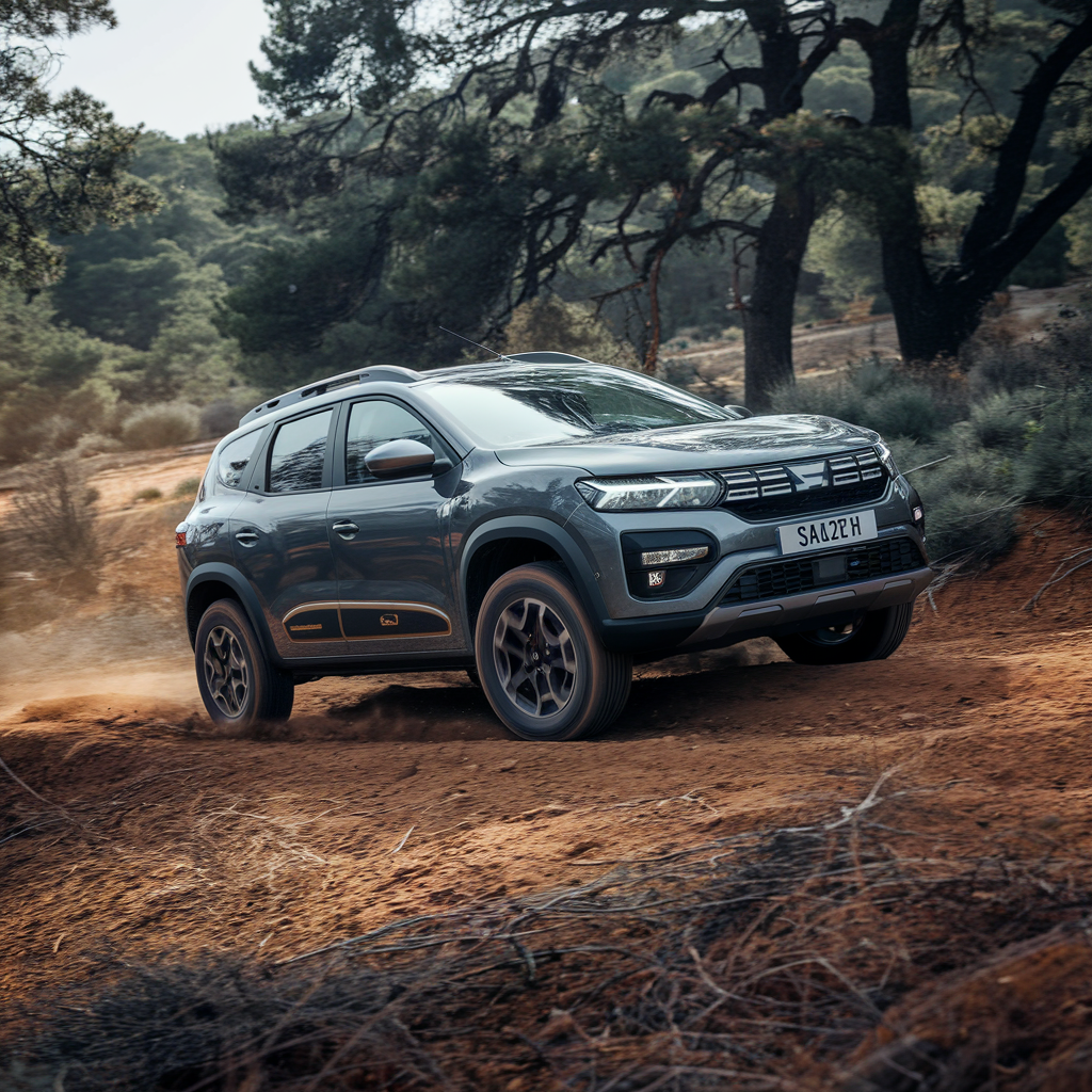 Vue latérale du Dacia Spacer sur un chemin accidenté.