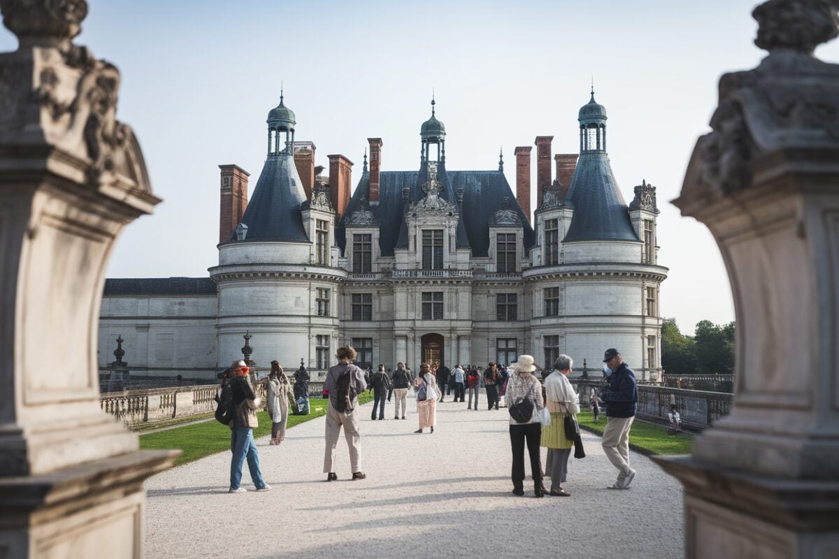 Touristes visitant un château français Touristes explorant un château historique en France