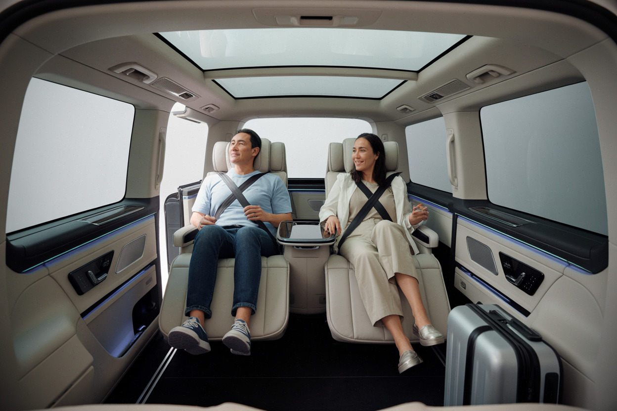 Habitacle luxueux du Mercedes VLE avec sièges arrière et écran