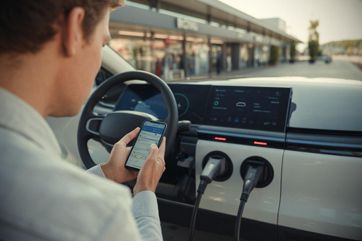 Conducteur préparant un trajet électrique avec application de recharge