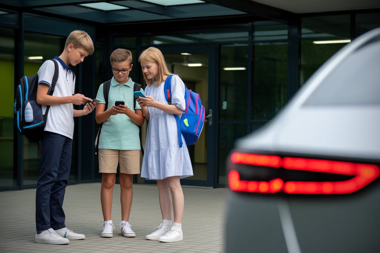 Famille consultant les résultats du brevet devant un collège moderne