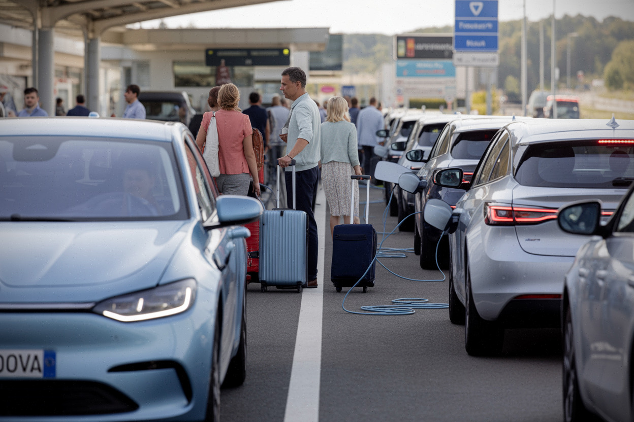 File de voitures électriques aux bornes pendant les départs