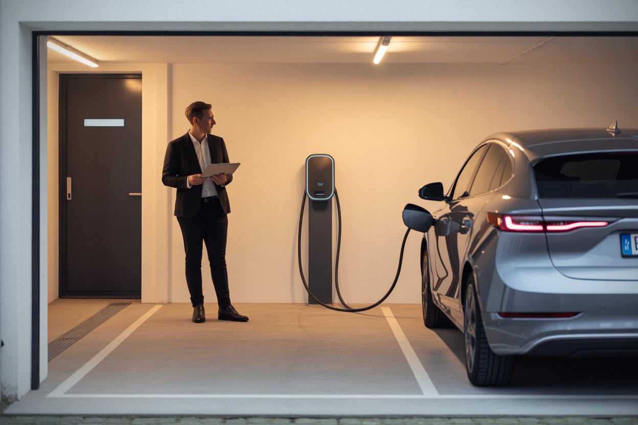 Acheteur visitant une place de parking équipée pour véhicule électrique