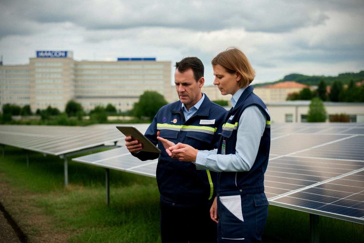 Techniciens devant les panneaux solaires alimentant l’hôpital de Mâcon