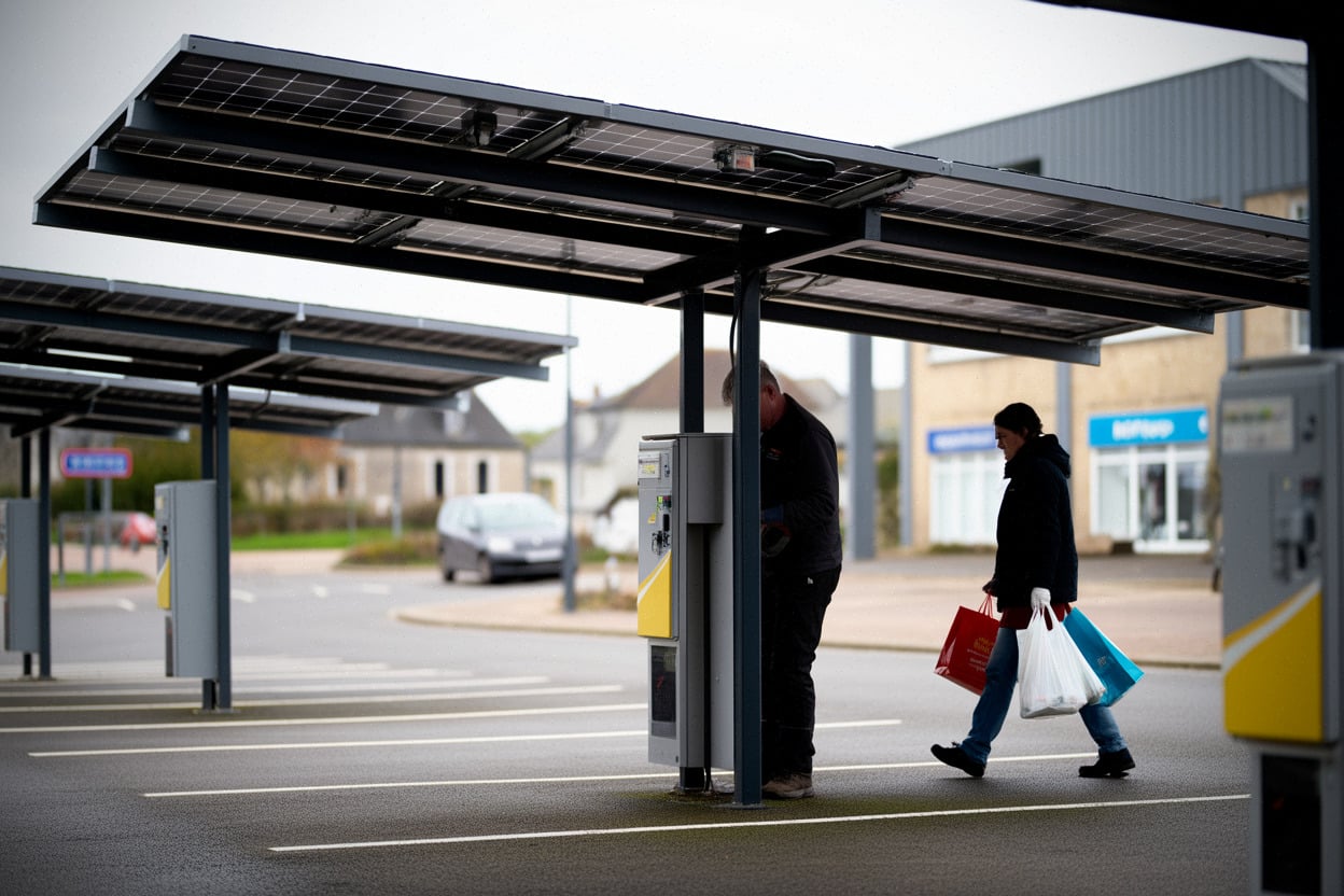 Ombrières photovoltaïques produisant de l’électricité solaire locale en Bretagne