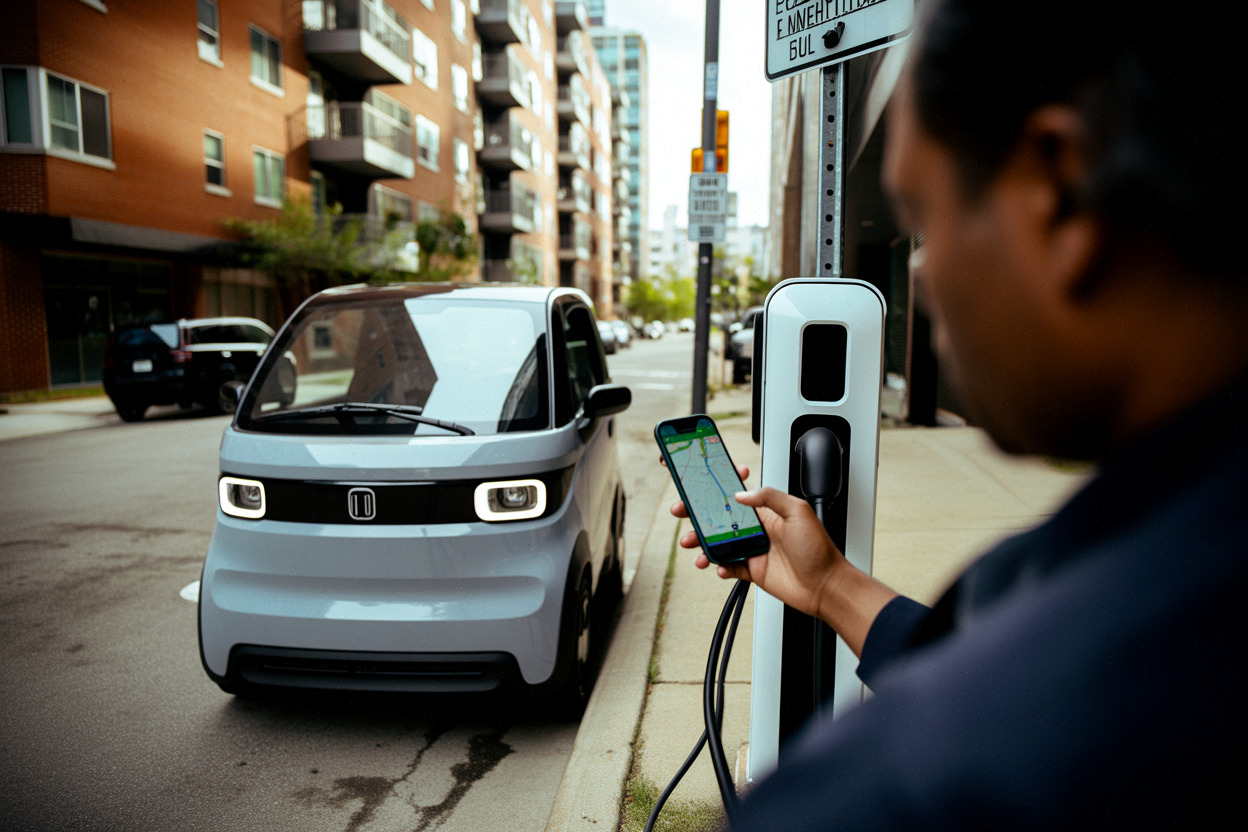 Mini-voiture électrique branchée près d'un immeuble urbain américain moderne