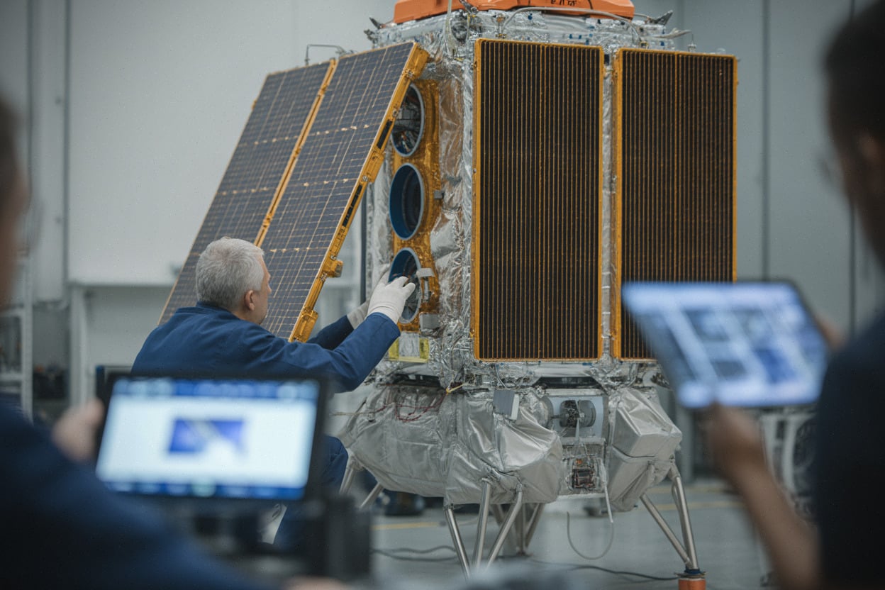 Ingénieurs préparant un module serveur orbital alimenté par panneaux solaires