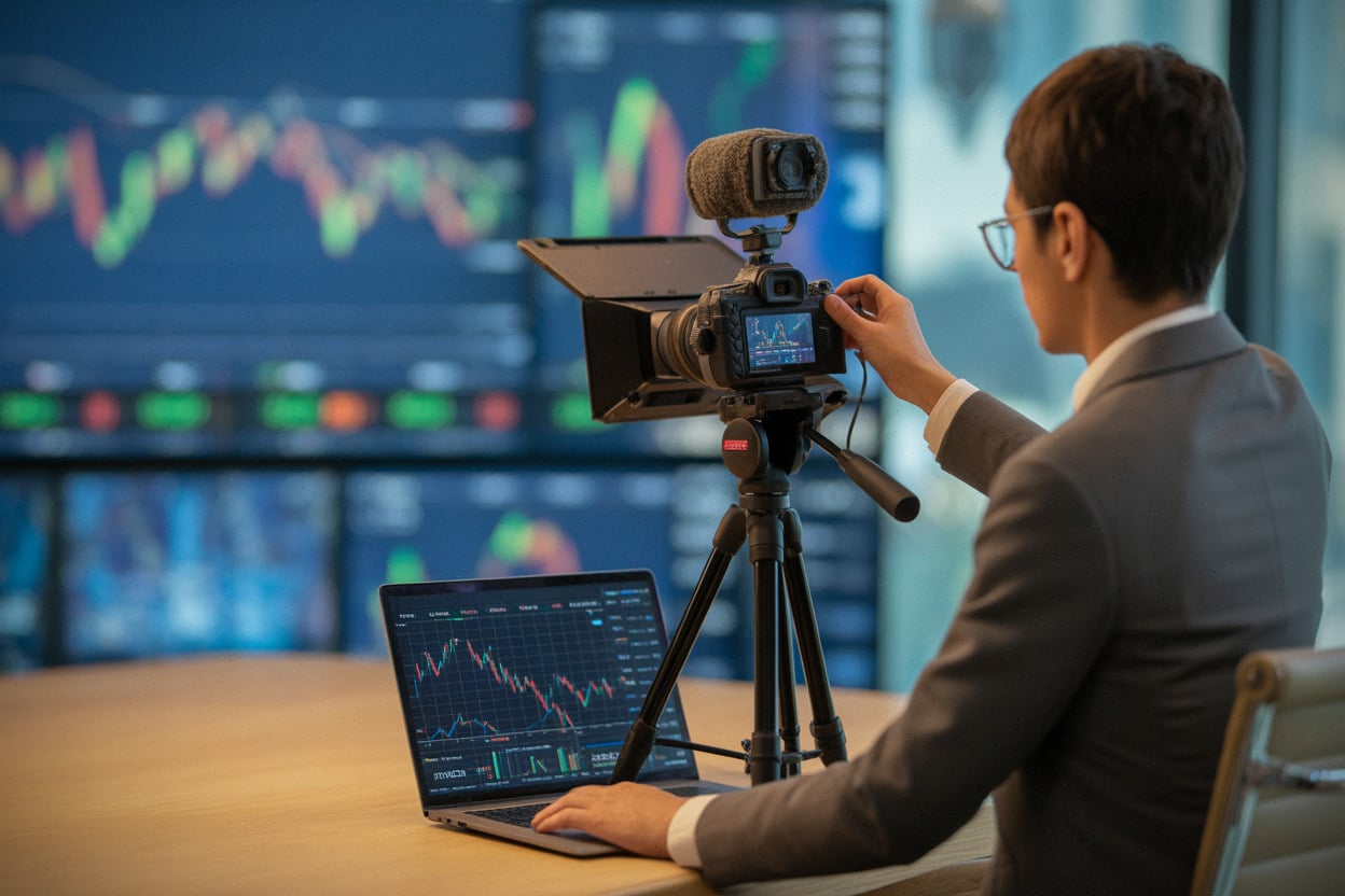 Production vidéo financière matinale dans une rédaction numérique moderne