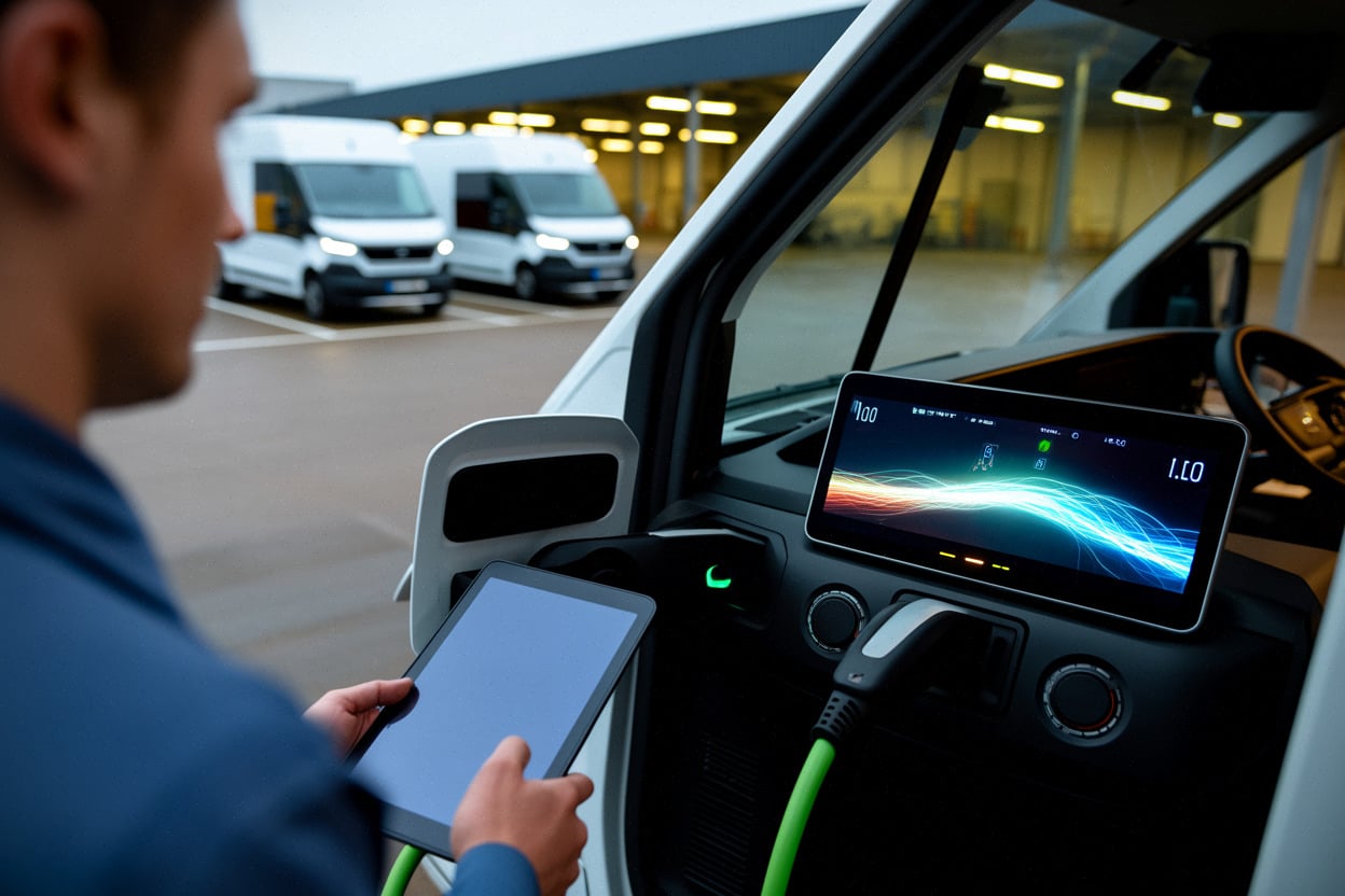 Recharge bidirectionnelle V2G sur fourgon électrique professionnel au dépôt