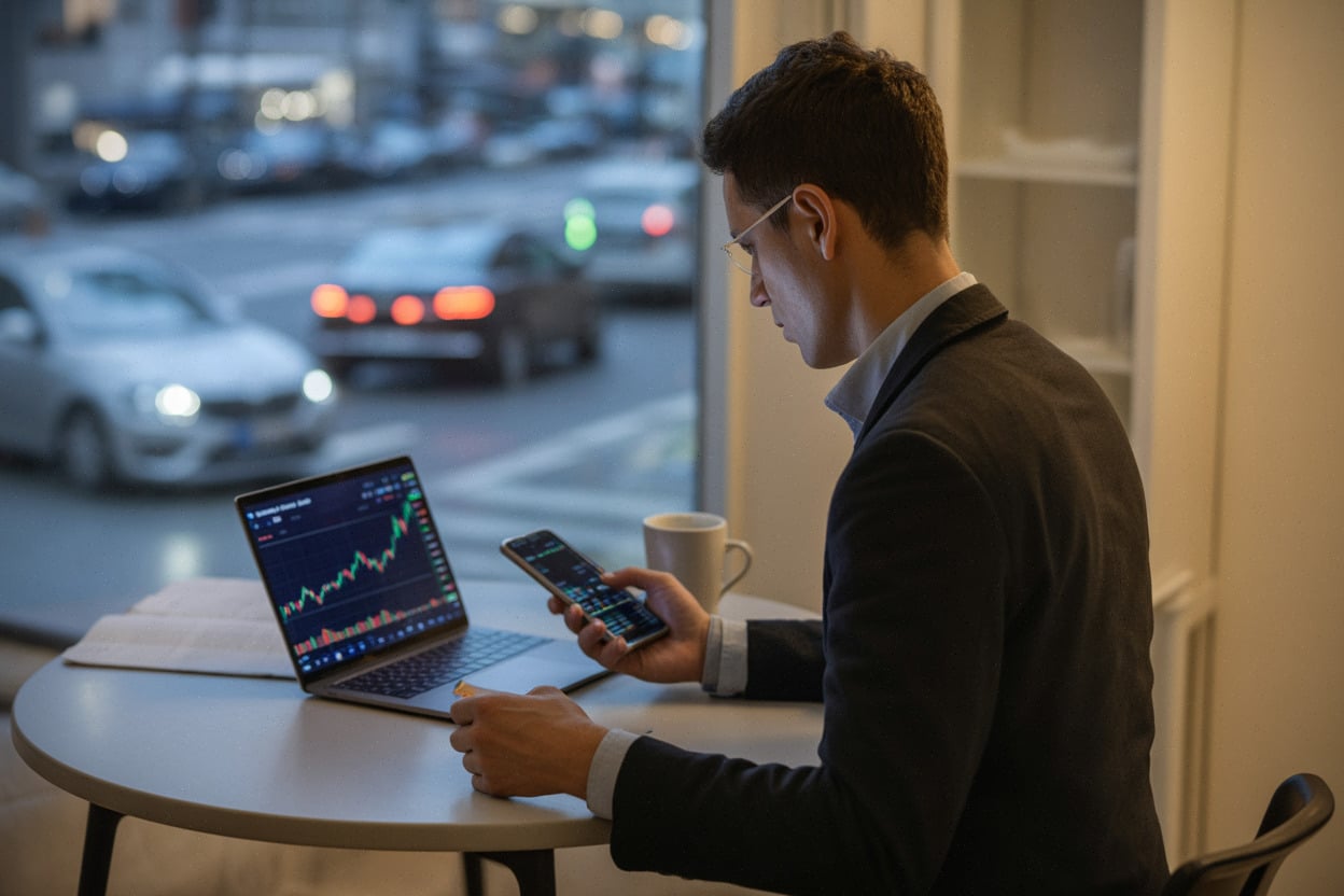 Investisseur particulier consultant une vidéo boursière matinale sur ordinateur