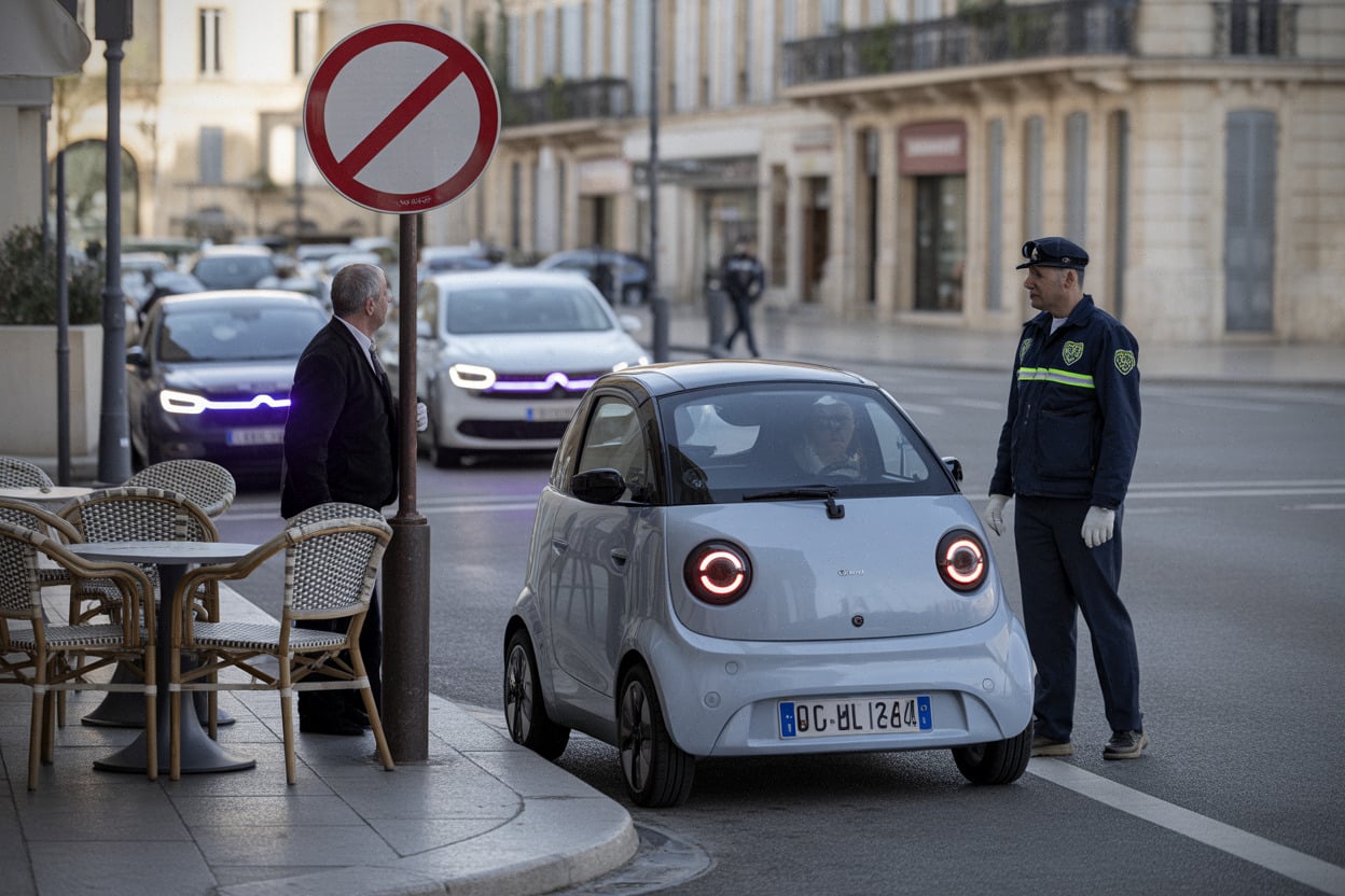 9a75f3c45fb85823 1er août 2026, voiture sans permis contre un panneau place Saint-Jean, ce tracé interroge Villefranche près d'une terrasse