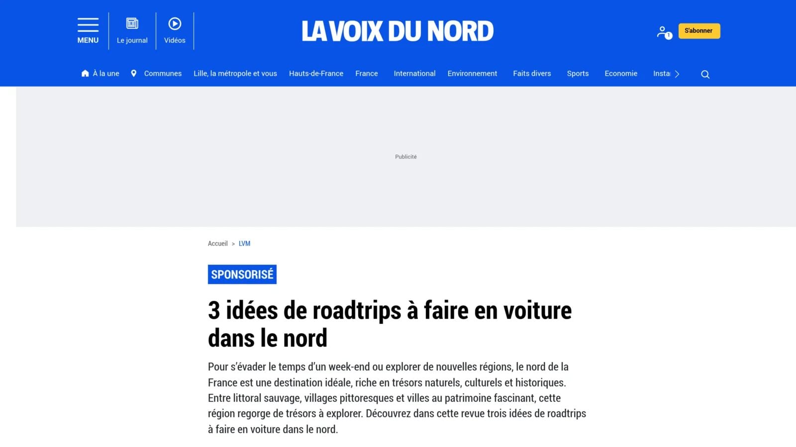 La Voix du Nord La Voix du Nord, article sur trois idées de roadtrips en voiture dans le Nord